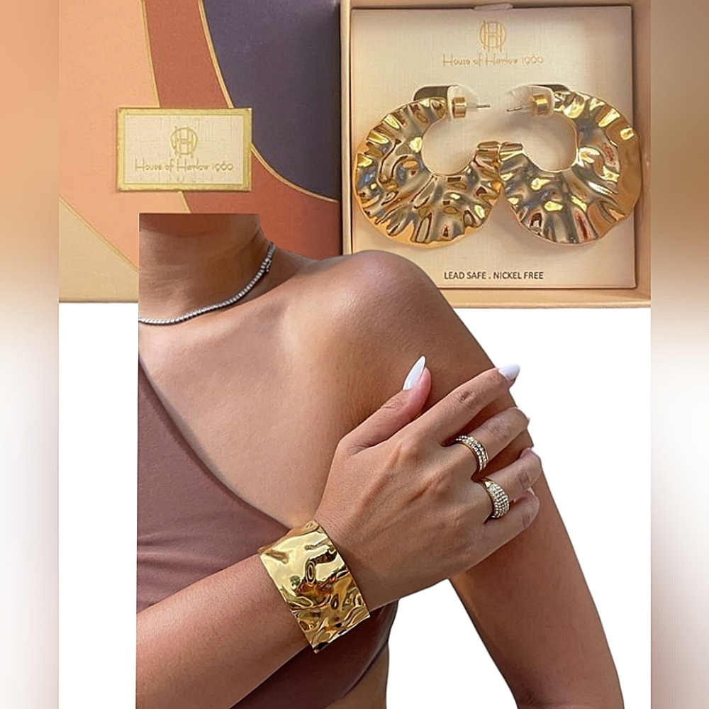 House of Harlow 1960 Gold Hammered Plated Minimalist Earrings & Bracelets Set